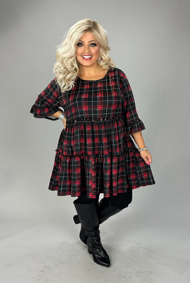 73 PSS {Certain About You} Black/Red Plaid Tiered Top PLUS SIZE XL 2X 3X