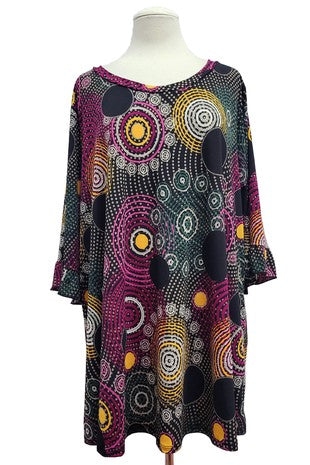 53 PQ {Inner Circle} Black Multi Circle Print Ruffle Sleeve Top EXTENDED PLUS SIZE 4X 5X 6X