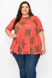 52 PSS {Classic Gal} Brick Red Floral Round Hem Top EXTENDED PLUS SIZE 3X 4X 5X