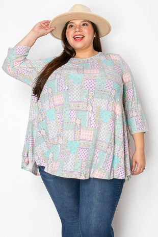 47 PQ {Patch Made In Heaven} Mint Pink Patchwork Top EXTENDED PLUS SIZE 3X 4X 5X