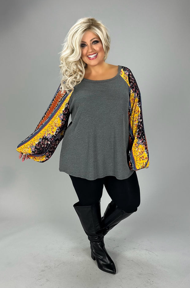 SALE!! 26 CP {Savor The Feeling} Charcoal Top w/Floral Sleeves PLUS SIZE 1X 2X 3X