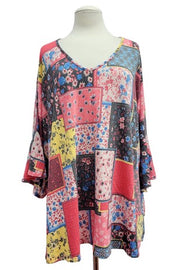 39 PQ {Longing For Home} Coral Mixed Print Patchwork Top EXTENDED PLUS SIZE 4X 5X 6X