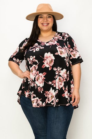 33 PSS {Love Without Limits} Black Pink Floral V-Neck Top EXTENDED PLUS SIZE 3X 4X 5X