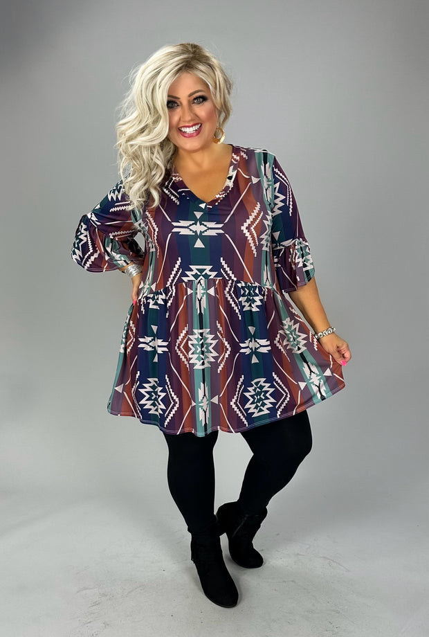 48 PSS {Little Dreamer} Blue/Rust Tribal Print V-Neck  Babydoll Top  EXTENDED PLUS SIZE 3X 4X 5X