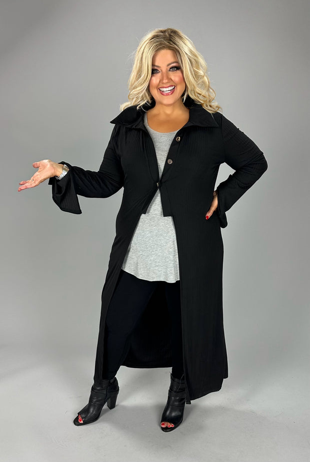 LD-J {Moment To Admire} Black Ribbed Long Cardigan PLUS SIZE 1X 2X 3X