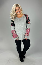 72  CP-E {Good Decision} Heather Grey Black Floral Top PLUS SIZE XL 2X 3X