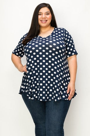 17 PSS {Spotted You} Navy White Polka Dot Print V-Neck Top EXTENDED PLUS SIZE 3X 4X 5X