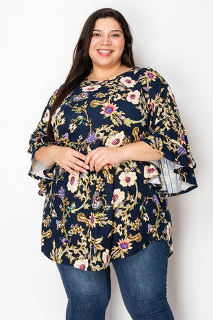 21 PQ {Dream Your Life} Navy Floral Cascading Sleeve Top EXTENDED PLUS SIZE 3X 4X 5X