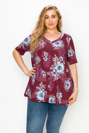 28 PSS {Wine Garden} Wine Blue Floral V-Neck Top EXTENDED PLUS SIZE 3X 4X 5X