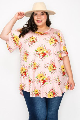 30 PSS {This Is True} Pink Yellow Floral Short Sleeve Top EXTENDED PLUS SIZE 3X 4X 5X