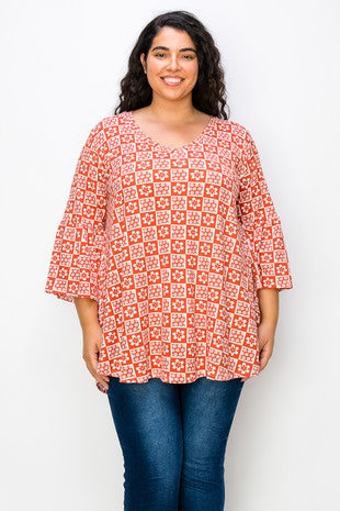 38 PQ {Far From Over} Rust Daisy Square Print V-Neck Top EXTENDED PLUS SIZE 3X 4X 5X