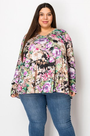 35 PLS {Delicate Gaze} Black Multi Floral V-Neck Top EXTENDED PLUS SIZE 3X 4X 5X