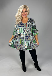 70 PSS {Unique Perspective} Green Patchwork Babydoll V-Neck Top EXTENDED PLUS 3X 4X 5X