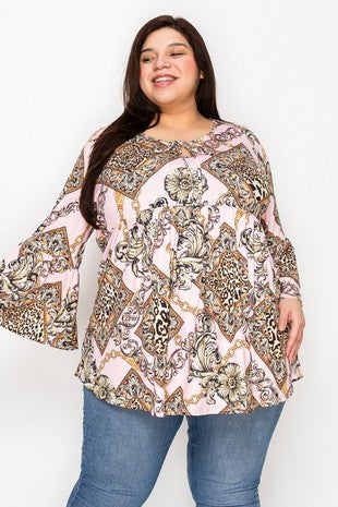 36 PQ {Timeless Fashion} Pink Gold Print Tie Neck Top EXTENDED PLUS SIZE 3X 4X 5X