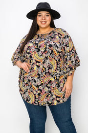 22 PQ {An Evening Affair} Black Yellow Paisley Print Top EXTENDED PLUS SIZE 3X 4X 5X