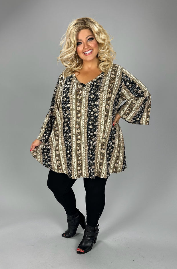 37 PQ {Nighttime Cozy Talks} Black Tan Floral  V-Neck Tunic  EXTENDED PLUS SIZE 1X 2X 3X 4X 5X