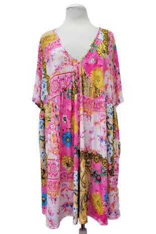 33 PSS {World Class Style} Pink Mixed Print V-Neck Dress EXTENDED PLUS SIZE 4X 5X 6X