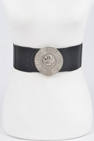 BELT {Elegance} Black Elastic Belt w/Gold Lion Head Buckle ONE SIZE