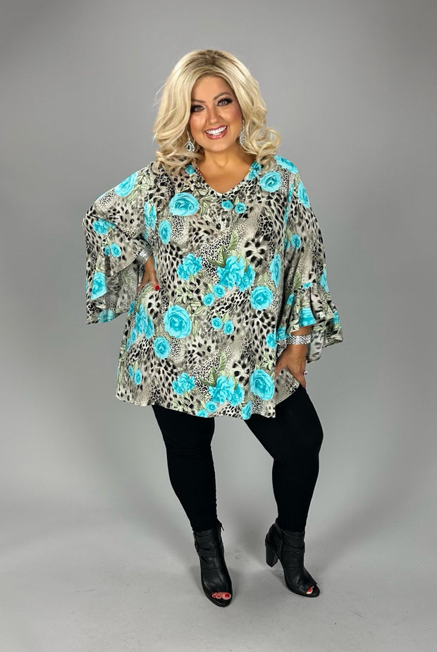 79 PQ {Honest Truth} Taupe/Blue Animal & Rose Print Ruffle Sleeve Top EXTENDED PLUS 4X 5X 6X