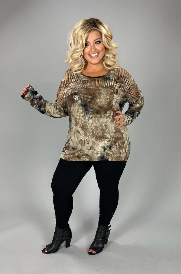 33 PLS {Crossing Boundaries} VOCAL Brown Tie Dye Cut-Out Top PLUS SIZE XL 2X 3X