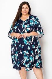 21 PSS {Fresh Horizon} Navy Teal Floral V-Neck Dress EXTENDED PLUS SIZE 4X 5X 6X