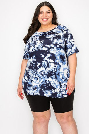 28 PSS {Cool Breeze} Navy White Tie Dye Side Slit Top EXTENDED PLUS SIZE 4X 5X 6X