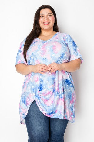 35 PSS {Be A Star} Pink Blue Tie Dye Star Print Knot Hem Top PLUS SIZE 1X 2X 3X