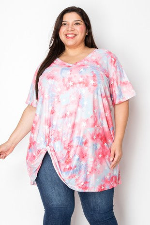 36 PSS {Star Power} Pink White Star Print Knot Hem Top PLUS SIZE 1X 2X 3X