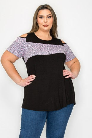 41 OS {Blooming Joy} Black Purple Floral Cold Shoulder Top EXTENDED PLUS SIZE 4X 5X 6X