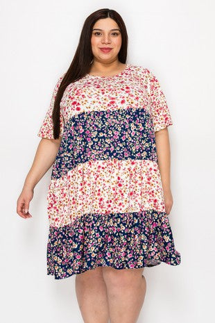 42 CP {Happy Days} Ivory Navy Floral Contrast Dress PLUS SIZE 1X 2X 3X