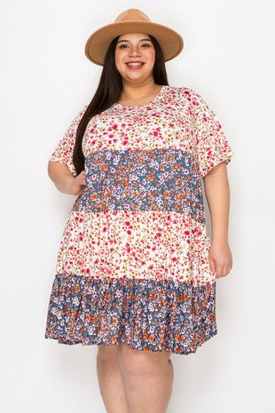 43 CP {Day Dreams} Ivory Blue Floral Contrast Dress PLUS SIZE 1X 2X 3X