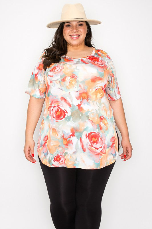 44 PSS {Keep My Promises} Coral Floral Print Side Slit Top EXTENDED PLUS SIZE 4X 5X 6X