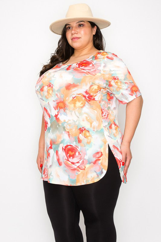 44 PSS {Keep My Promises} Coral Floral Print Side Slit Top EXTENDED PLUS SIZE 4X 5X 6X