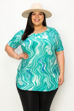 47 PSS {Peace & Tranquility} Green Blue Swirl Side Slit Top PLUS SIZE 1X 2X 3X