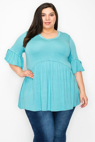 48 SSS {Good Graces} Mint V-Neck Babydoll Tulip Sleeve Top PLUS SIZE 1X 2X 3X