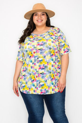 51 PSS {Windswept Wishes} Blue Yellow Print Side Slit Top EXTENDED PLUS SIZE 4X 5X 6X