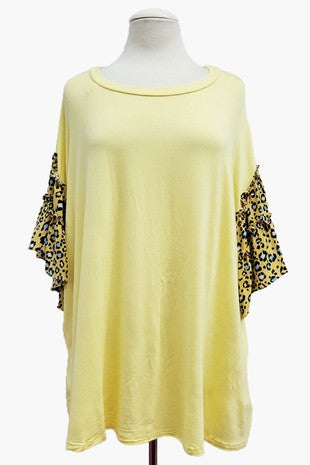 54 CP {Ruffle It Up} Lemon Yellow Leopard Ruffle Sleeve Top PLUS SIZE 1X 2X 3X