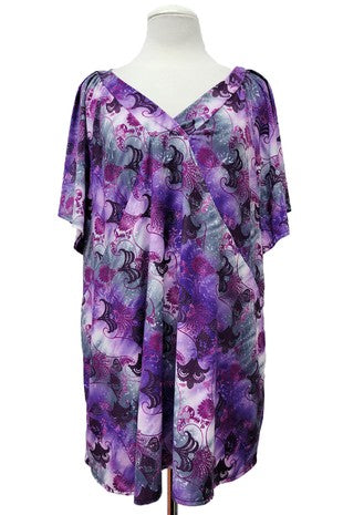 28 PSS {Got It All} Purple Print V-Neck Flutter Sleeve Top EXTENDED PLUS SIZE 1X 2X 3X 4X 5X 6X