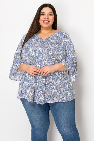 46 PSS {Fields Of Hope} Blue White Floral V-Neck Top EXTENDED PLUS SIZE 4X 5X 6X