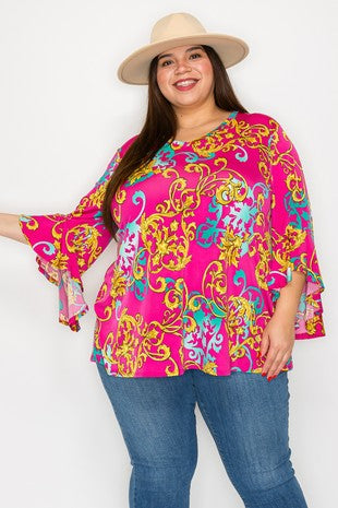 30 PQ {Treasured Times} Fuchsia Gold Scroll Print Top EXTENDED PLUS SIZE 4X 5X 6X