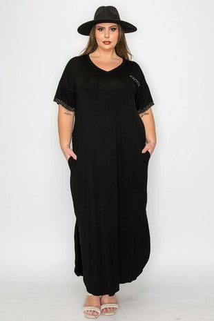 LD {Little Diva} Black Rhinestone Sleeve & Pocket Maxi Dress PLUS SIZE 1X 2X 3X