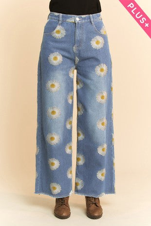 BT {Ready Set Bloom} Blue Denim Wide Leg Jeans w/Daisies PLUS SIZE 1X 2X 3X