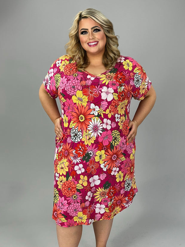 99 PSS {Obsessed With Flowers} Fuchsia Floral V-Neck Dress PLUS SIZE XL 2X 3X