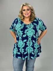 32 PSS {Moments For Me} Jade Damask Print V-Neck Tunic EXTENDED PLUS SIZE 3X 4X 5X