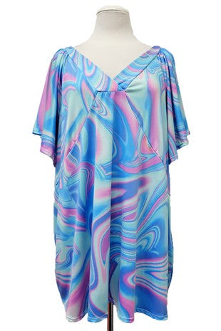 43 PSS {Cotton Candy Kisses} Blue Pink Swirl Flutter Sleeve EXTENDED PLUS SIZE 1X 2X 3X 4X 5X 6X