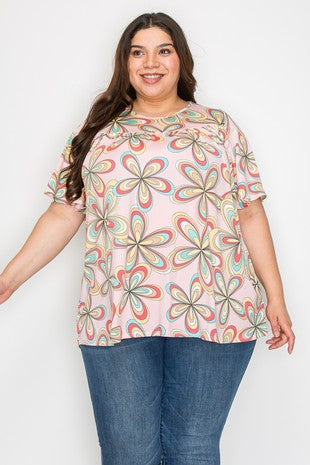 53 PSS {Totally Smitten} Pink Multi Print Shirred Top EXTENDED PLUS SIZE 4X 5X 6X