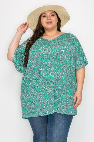 35 PSS {Make It Sweet} Green V-Neck Multi Print Top EXTENDED PLUS SIZE 4X 5X 6X