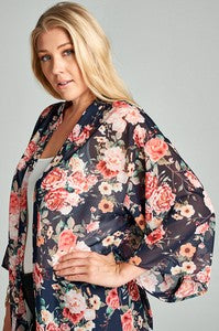 29 OT {Floral Journey} Navy Pink Floral Sheer Cardigan  PLUS SIZE 1X 2X 3X