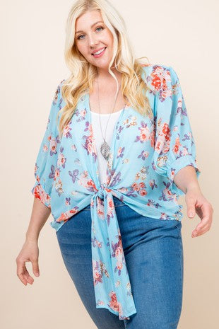 30 OT {Daydreams} Sky Blue Floral Tie Sheer Cardigan PLUS SIZE 1X 2X  3X