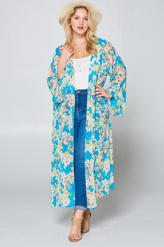 LD {Floral Daydream} Turquoise Floral Sheer Duster Kimono PLUS SIZE 1X 2X 3X